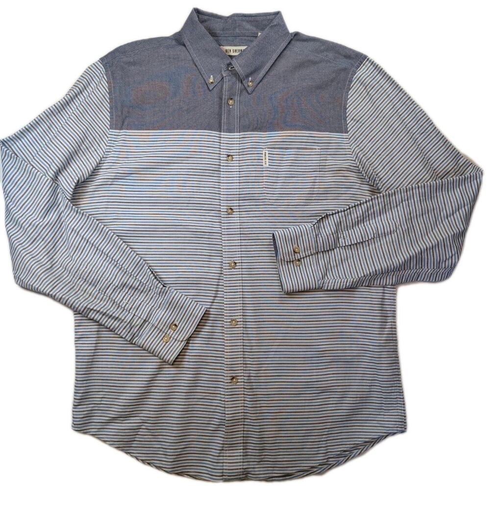 Ben Sherman Mens Striped Button Up Shirt Large Blue Gray Cotton Long Sleeve Mod